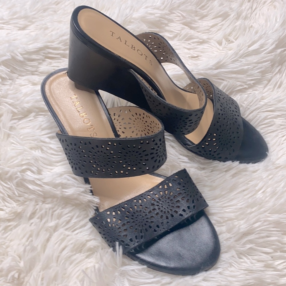 Talbots Black Leather Double Strap Slip On Wedge Sandals Size 6.5